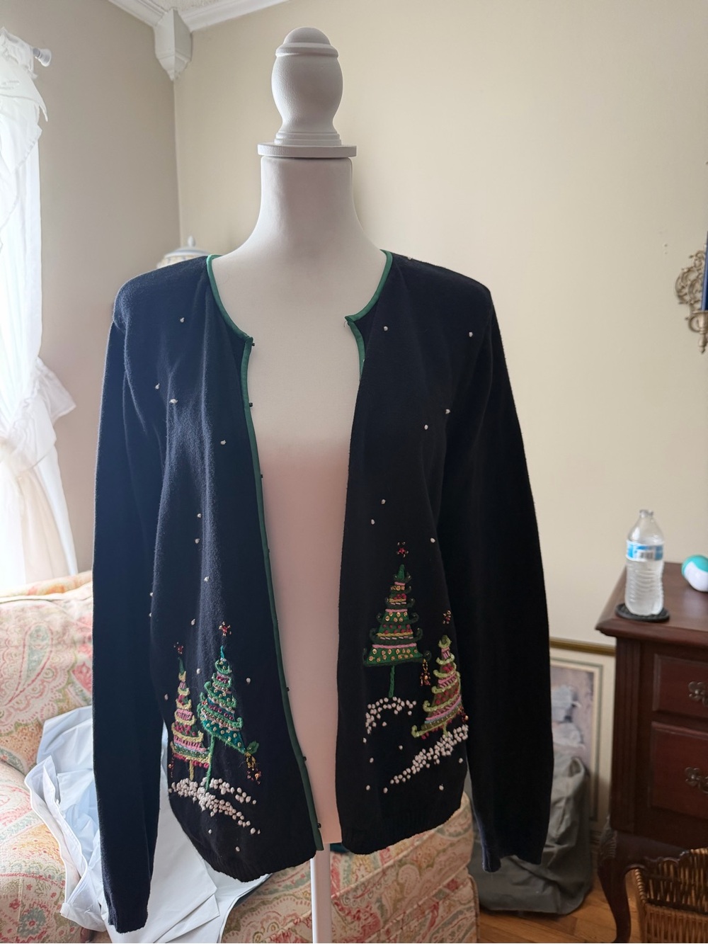 Talbots Black Cardigan with Green-Trimmed Embellished Christmas Trees